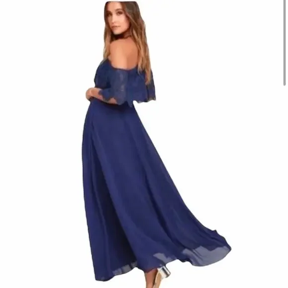 NWT Lulu’s Unmatched Beauty Navy Blue Lace Off-the-Shoulder Dress sz XS - Picture 2 of 6